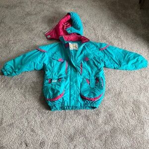Quiltex Vintage 80s Turquoise Pink Hooded Puffer Ski Jacket Kids SIZE 8 Retro